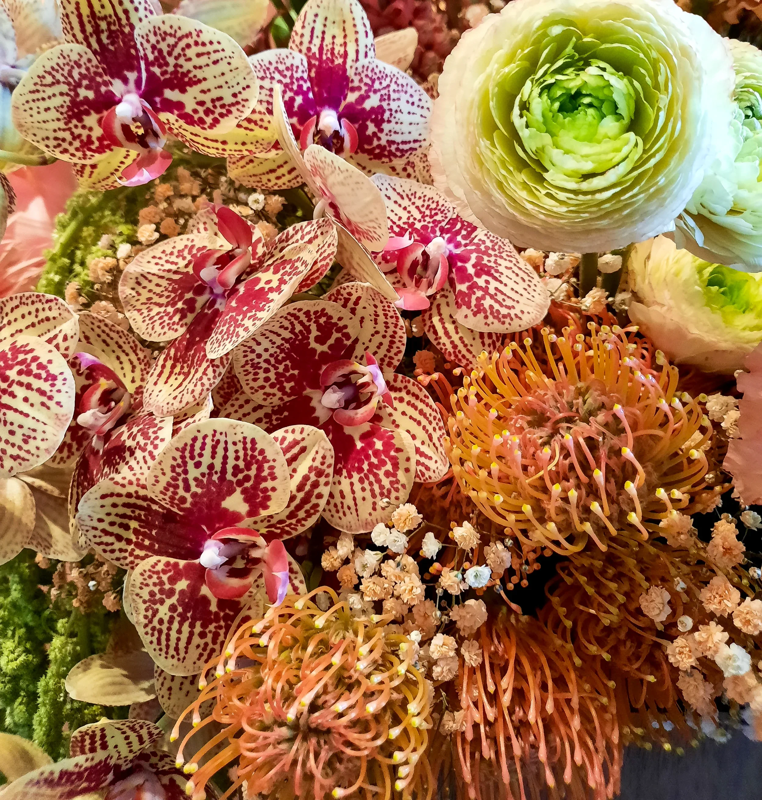 Close-up of luxury floral design with orchids and ranunculus, VBKI Ball der Wirtschaft Berlin 2024