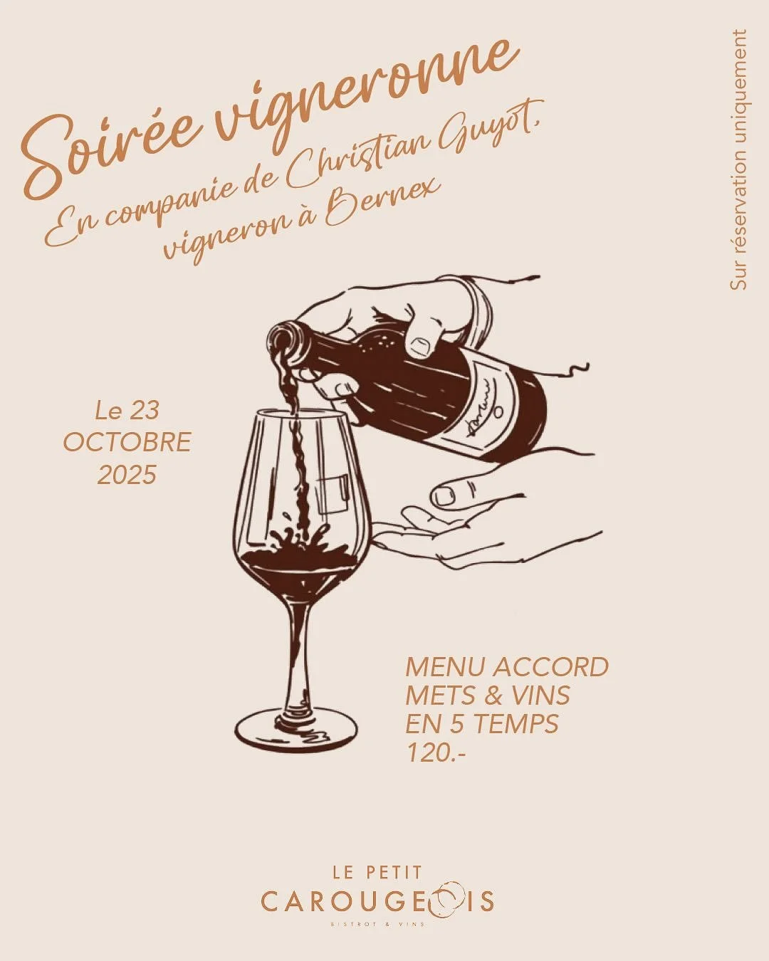 ✨ Le Jeudi 23 Octobre &agrave; partir de 19:30 ce sera notre premi&egrave;re soir&eacute;e vigneronne en compagnie de Christian Guyot, vigneron de Bernex,  au Petit Carougeois ✨ 
Nous vous avons pr&eacute;par&eacute; un menu en 5 temps en accord mets