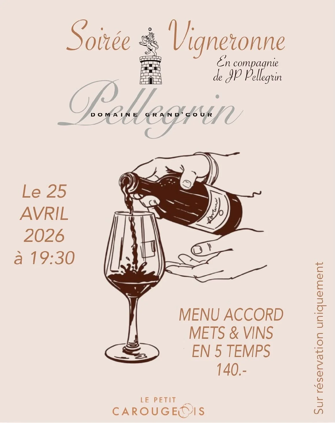 🍇✨ &Agrave; VOS AGENDAS ✨🍇
On est trop content de recevoir tout prochainement au Petit Carougeois @pellegrin.grandcour en pr&eacute;sence du vigneron. Nous vous proposons un d&icirc;ner en accords mets &amp; vins qui s&rsquo;annonce sublime. 
Pense