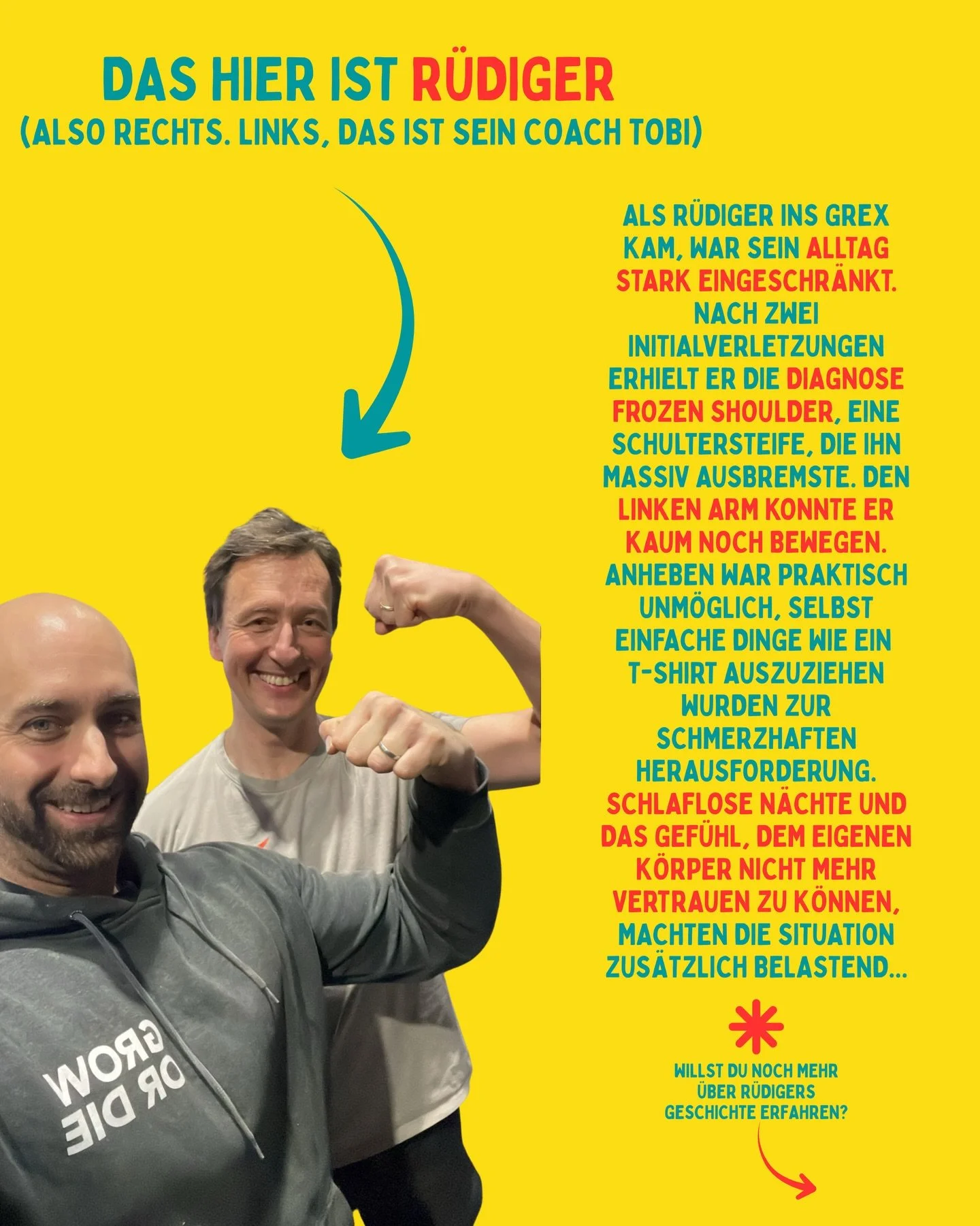 Vom T-Shirt-Ausziehen zur vollen Bewegungsfreiheit 💪
Frozen Shoulder hat R&uuml;diger komplett ausgebremst: Schmerzen, schlaflose N&auml;chte, kaum Beweglichkeit im linken Arm. Die Diagnose war klar &ndash; gezieltes Krafttraining statt Schonhaltung