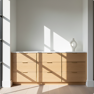 Wooden dresser with nine drawers in a bright room with natural light and a white vase on top.
