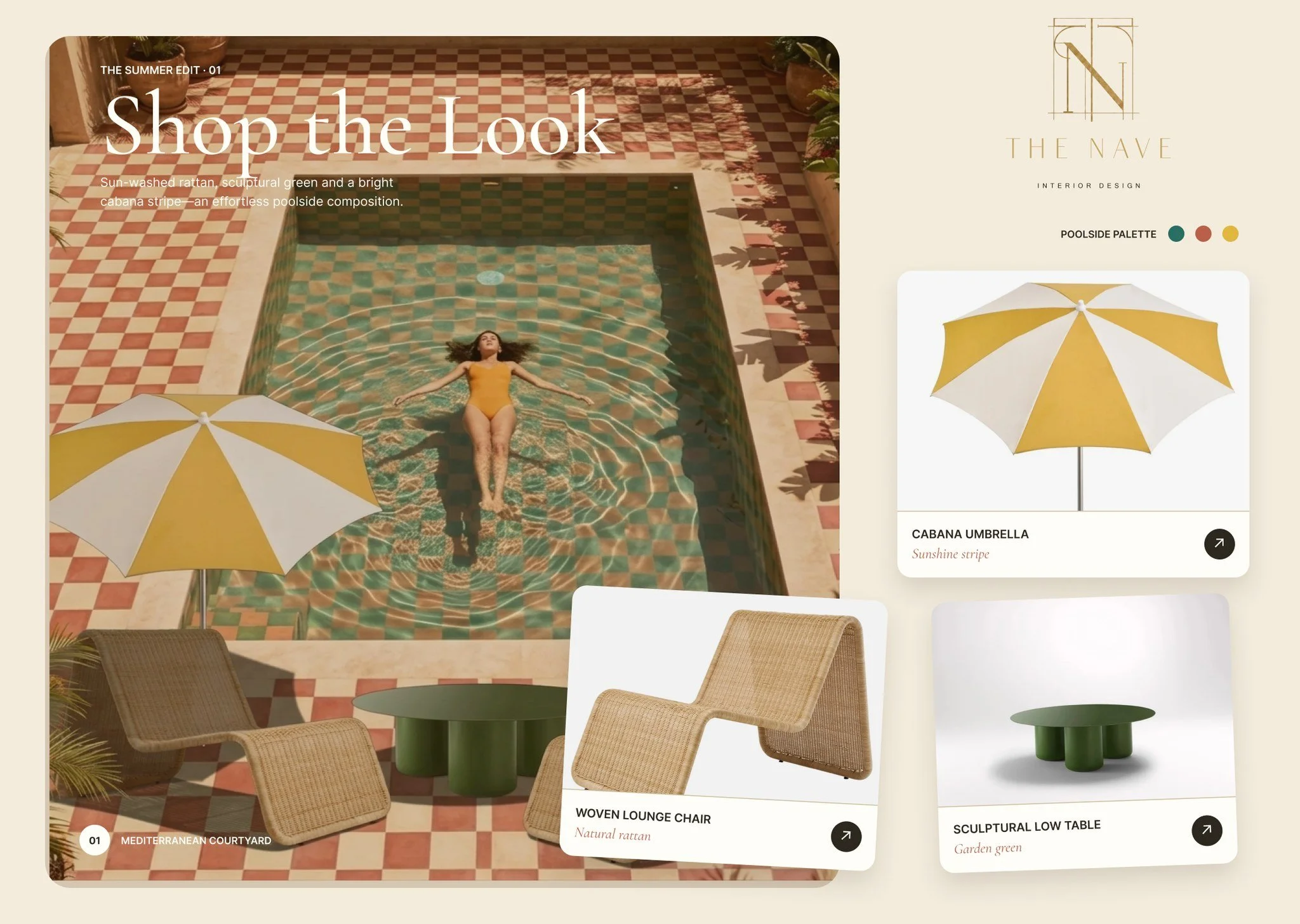 The Summer Edit &middot; 01 &mdash; Mediterranean Courtyard

Warm tile, still water, and an afternoon that asks nothing of you. Our first summer composition arranges three pieces around a single poolside idea: sun-washed rattan, a sculptural low tabl