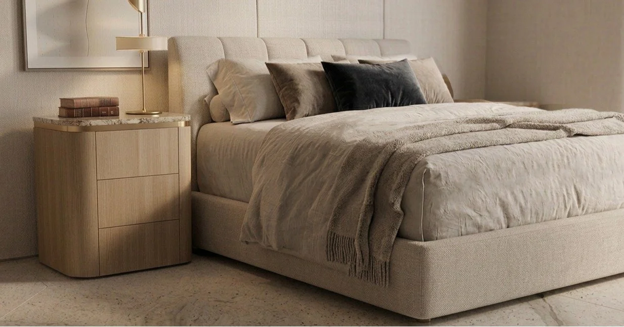 Made for taller beds. Designed to fit beautifully.

Introducing our custom bedside table, created at 700 mm high to sit comfortably alongside larger, elevated beds where standard bedside tables fall short. Finished in warm oak with refined brass deta