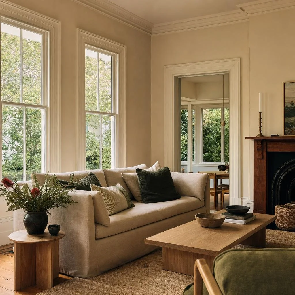 Living room with beige sofa, dark green and beige pillows, wooden coffee table with bowls and books, cream walls, large windows with greenery outside, fireplace with wooden mantel, small side table with vase of flowers, adjacent room with dining table and chairs visible through doorway.