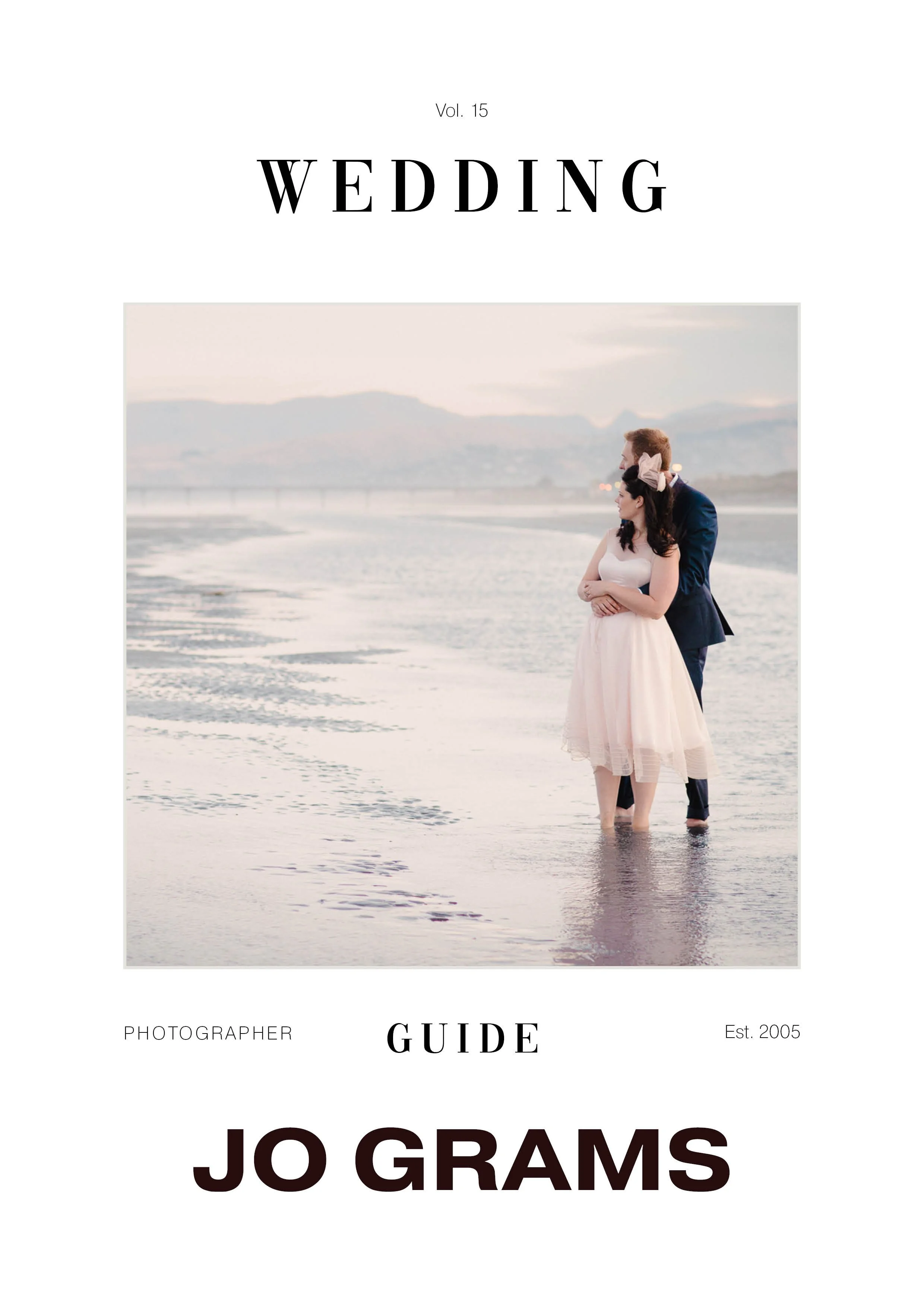 Book cover titled 'Wedding Guide' featuring a photo of a bride and groom standing in shallow water on a beach at sunset.