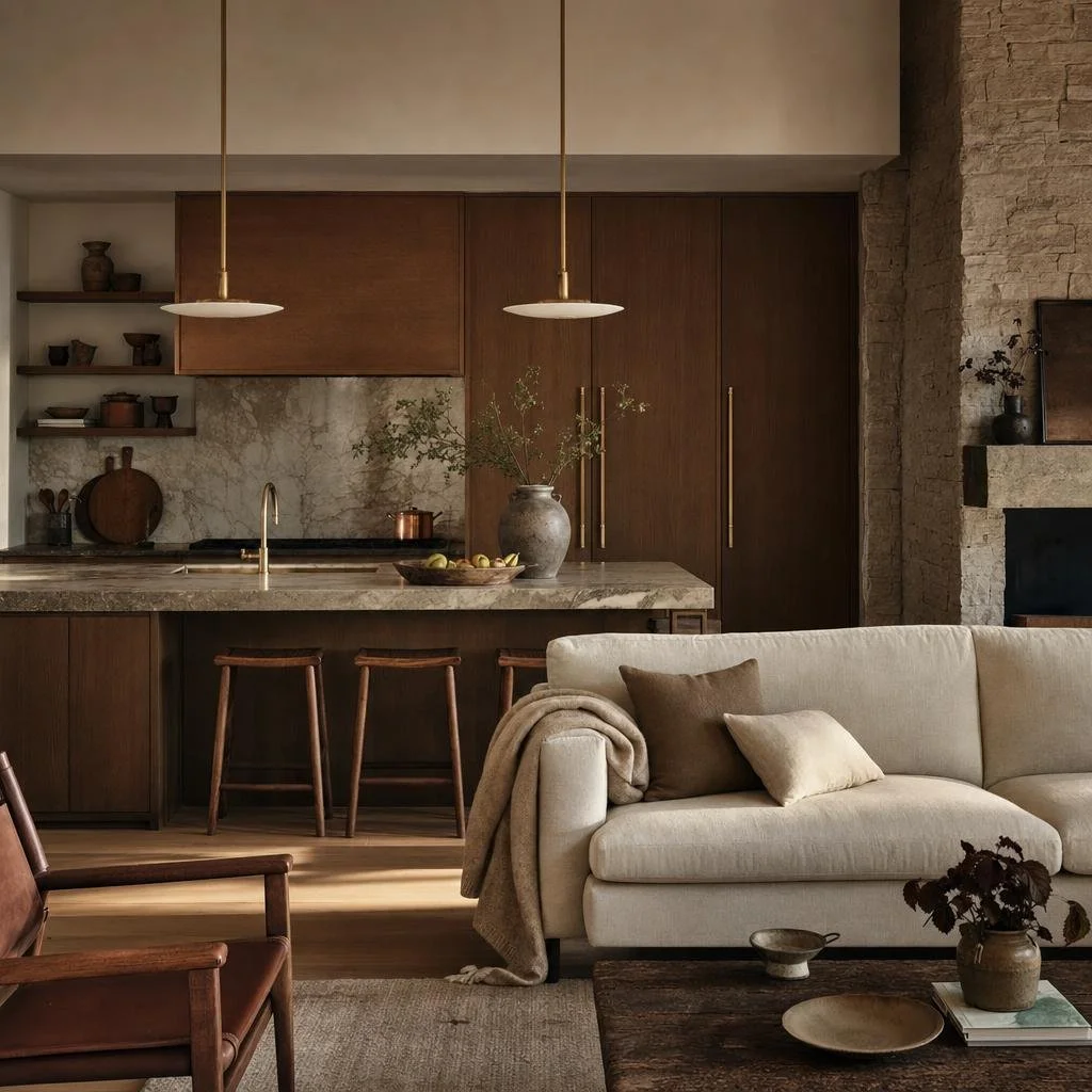 A cozy living room with a kitchen in the background, featuring wooden cabinets, a marble countertop, and a decorative vase with branches. There is a beige sofa with pillows, a wooden chair, and a dark coffee table with vases and books, along with warm lighting.