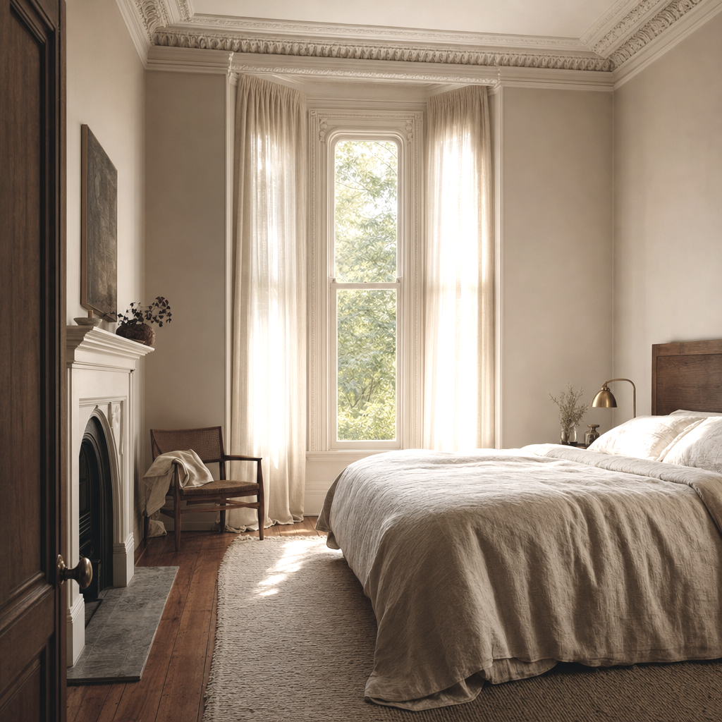 Bright bedroom with large window, beige bedding, small bedside lamp, and classic architectural details.