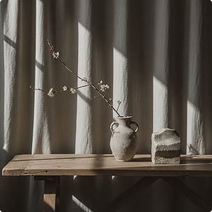 A wooden table with a vase holding a branch with blossoms, a stone, and a gray curtain backdrop with sunlight casting shadows.