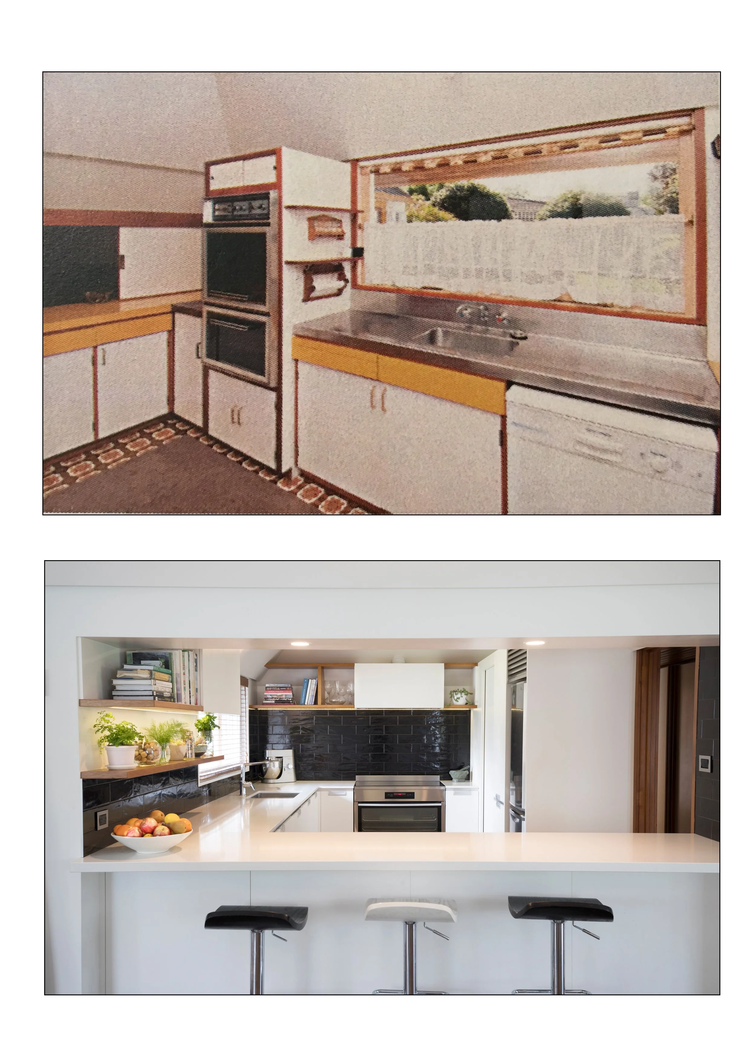 The first image is of a vintage kitchen with wooden cabinetry, built-in appliances, and a window overlooking a yard. The second image features a modern kitchen with white cabinets, black backsplash, open bookshelves, and a white island with two black barstools.