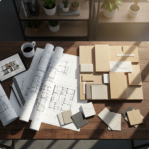 Architectural plans, wood and tile samples, and a coffee mug on a wooden table.