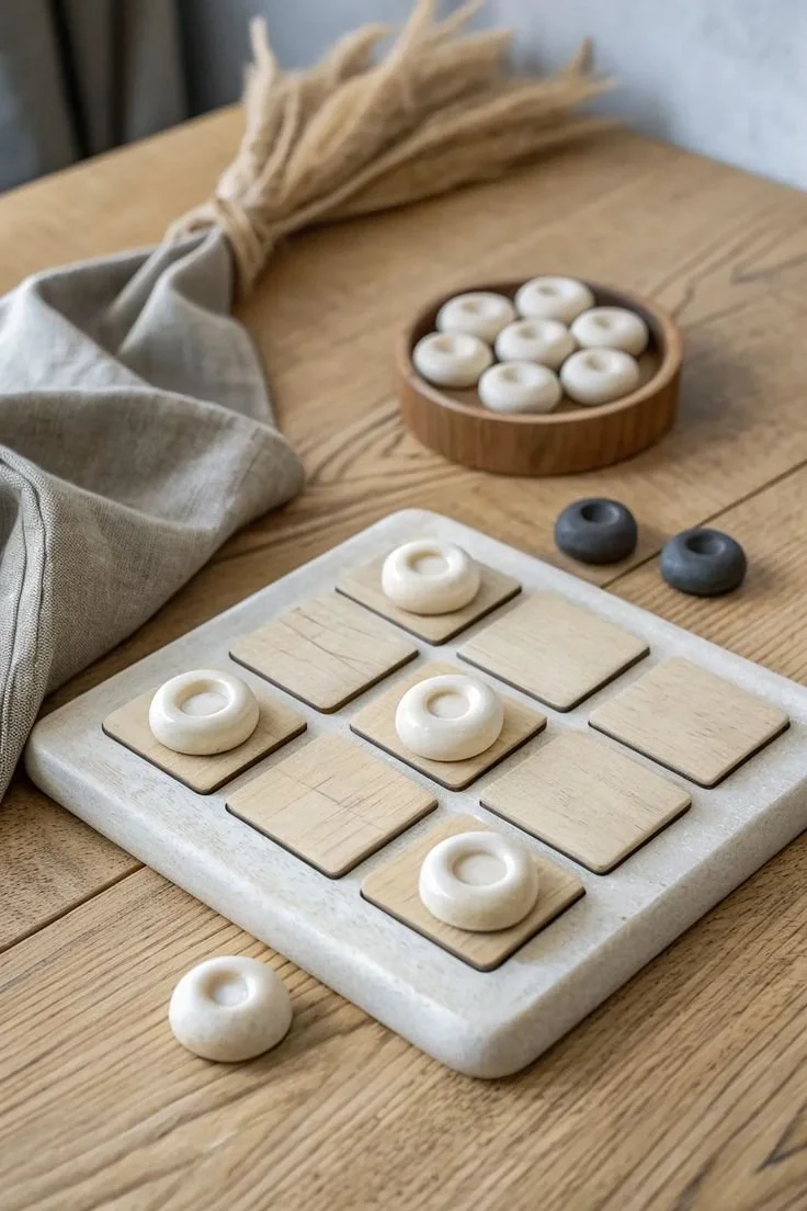 A wooden board with a grid of square tiles, some topped with white ceramic ring and several other pieces, on a wooden table with a cloth and a small bowl of white stones or candles in the background.