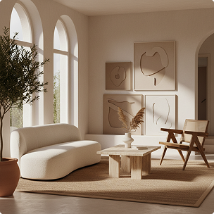 Living room with beige sofa, wooden armchair, coffee table, large potted plant, abstract artwork on the wall, and arched windows letting in natural light.