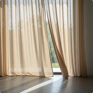 Sunlight filters through beige curtains partially drawn open, revealing a glimpse of a grassy outdoor area.