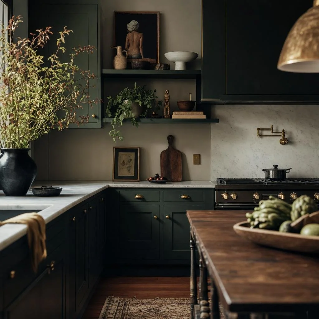 A kitchen with dark green cabinets, a marble countertop, and a wooden dining table with a bowl of artichokes. Decor includes a large black vase with greenery, wall shelves with art and decor, and a stove with brass fixtures.