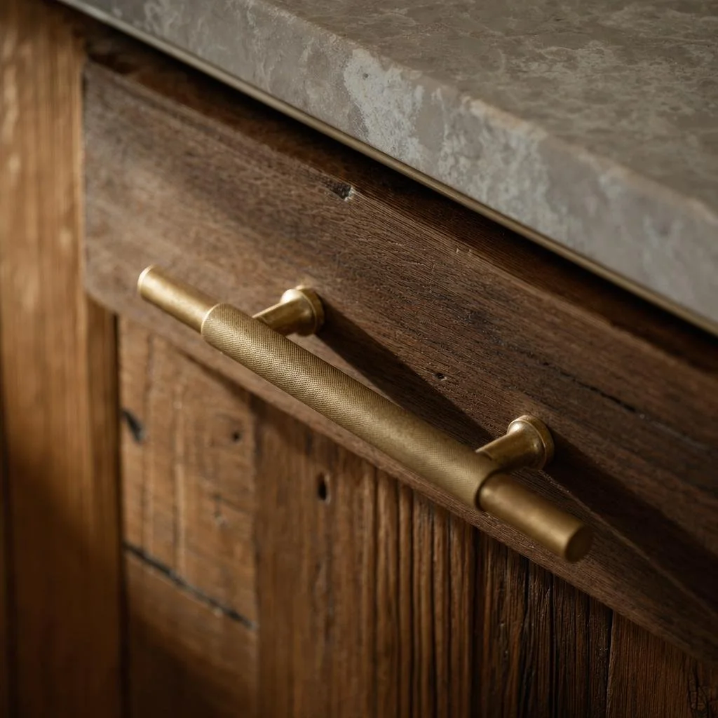 Close-up of a brass drawer handle on a wooden cabinet with a stone countertop.