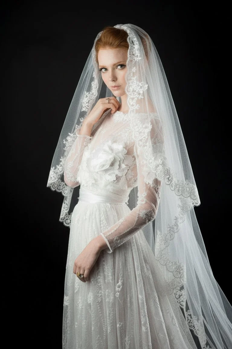 A woman wearing a wedding dress with a lace veil over her head and shoulders, gazing at the camera against a dark background.