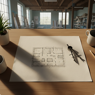 Architectural floor plan on a desk with a protractor and compass during daytime.