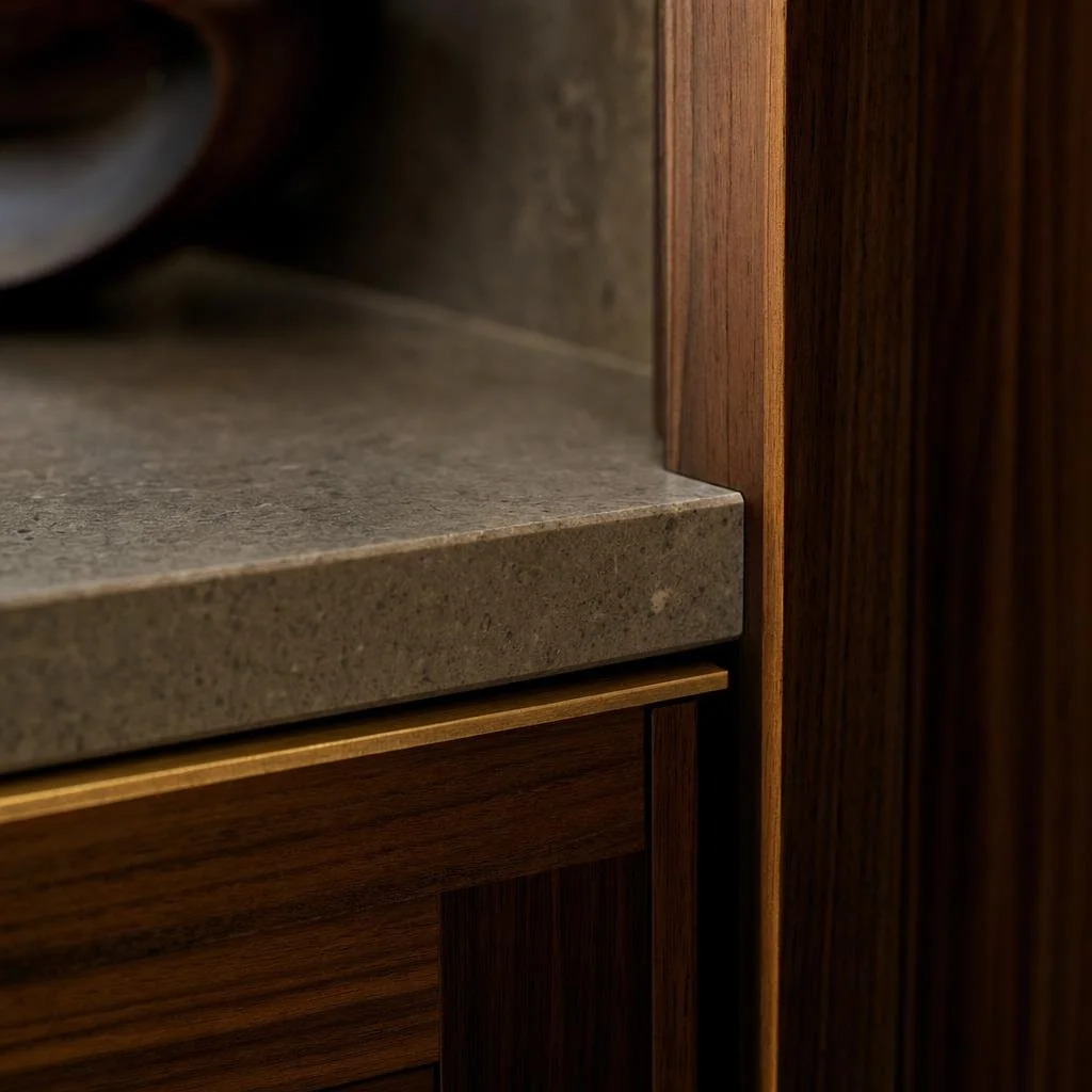 Close-up photo of a corner of a wooden cabinet with a granite countertop.