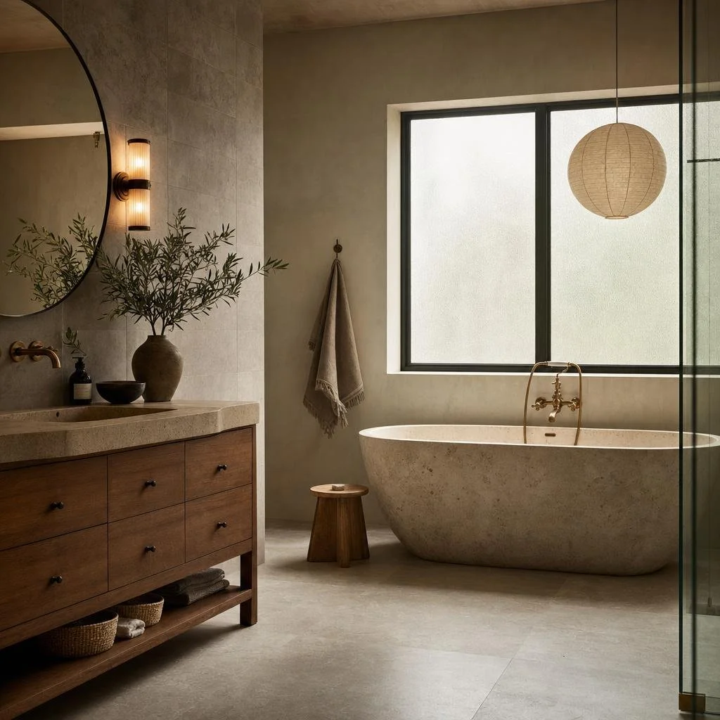 A modern bathroom with a stone freestanding bathtub, a wooden vanity with a sink, a large window with frosted glass, a hanging paper lantern, a wall-mounted light fixture, a vase with green foliage, a towel on a hook, and a small wooden stool.