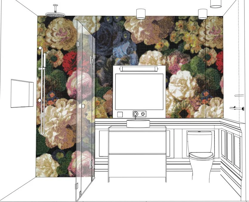 Bathroom with floral wallpaper featuring large roses in various colors, vanity with mirror, toilet, shower with glass door, and floating shelves.