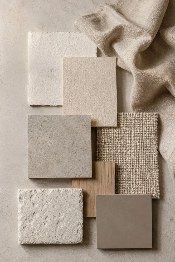 A flat lay of various neutral-colored materials including tiles, fabric, and wood samples arranged on a light surface with a beige cloth draped nearby.