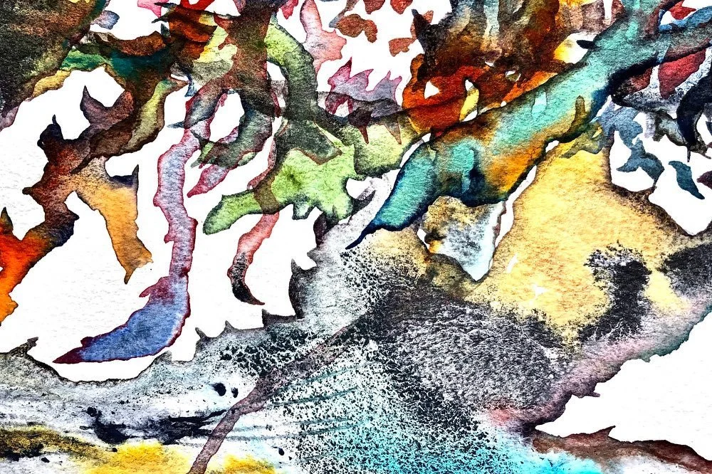 Abstract watercolor painting with vibrant colors including green, blue, yellow, red, and black, resembling a landscape or natural scene.