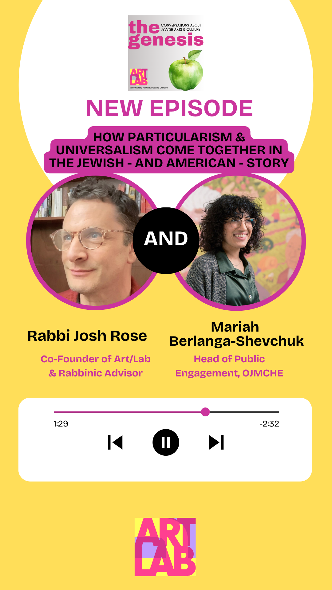 A promotional graphic for a podcast episode featuring Rabbi Josh Rose and Mariah Berlanga-Shevchuk, discussing how particularism and universalism come together in Jewish and American stories. The graphic includes photos of the two speakers, the title of the episode, and a logo for ART Lab at the bottom.