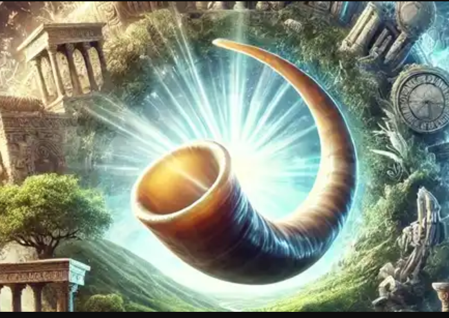A large, curled horn with a glowing light emanating from behind it, set amidst ruins and greenery, creating a surreal fantasy scene.