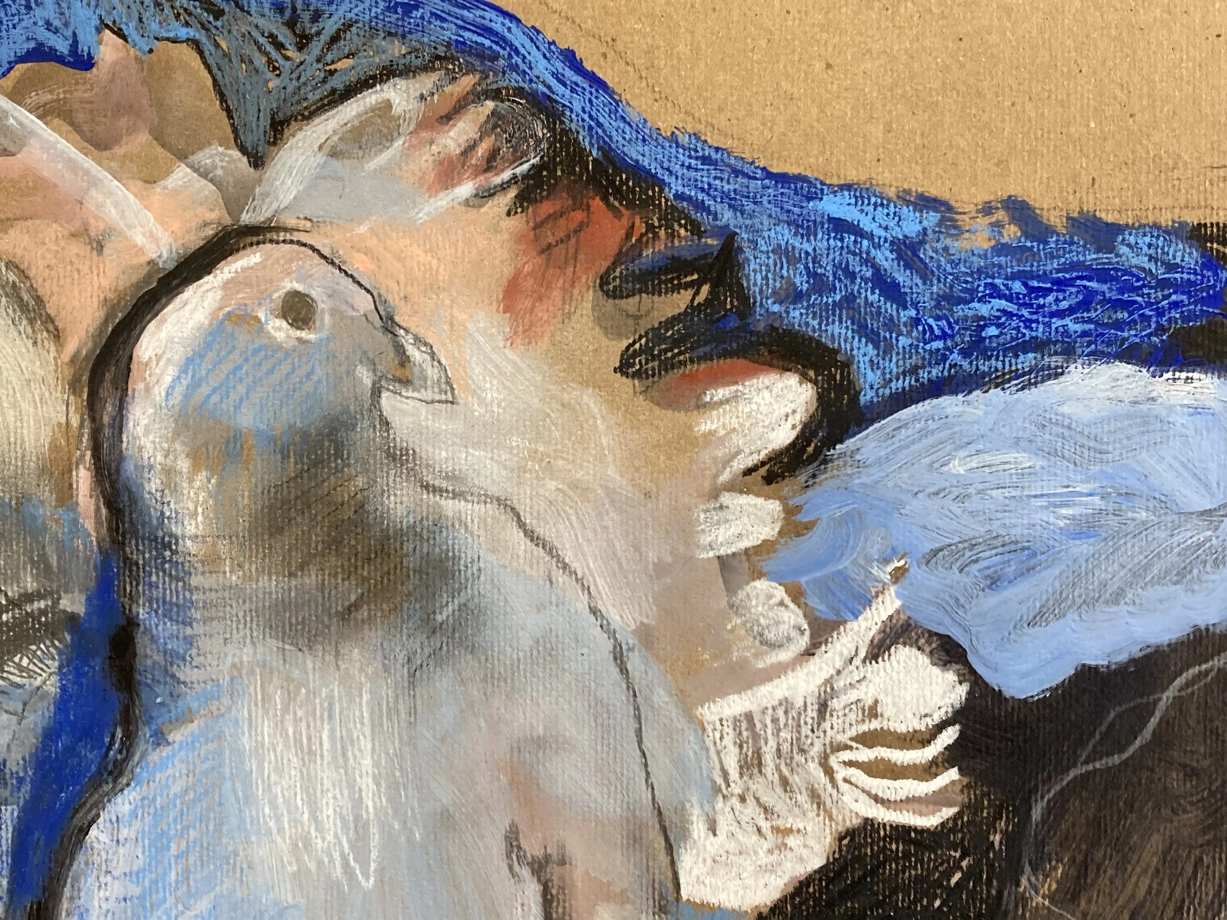 A painting of two women, one with blue hair and the other with darker hair, touching foreheads intimately.