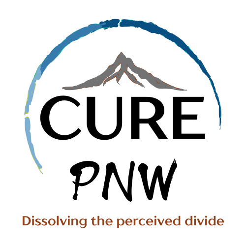 Logo with a mountain graphic, the words CURE PNW, and the slogan 'Dissolving the perceived divide'.