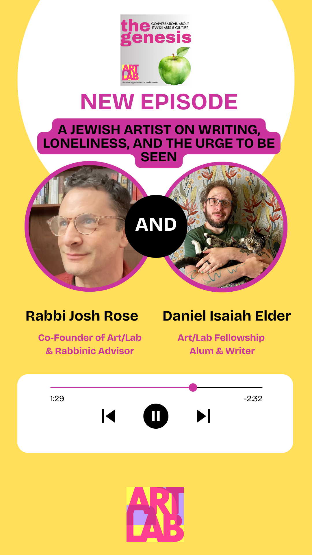 A promotional graphic for a podcast episode titled "The Genesis" discussing Jewish arts and culture. The graphic features a bright yellow background, a white circle, and purple accents. It shows a logo with a green apple and a smaller pink logo that says "Art Lab." There is bold pink text announcing a new episode about "A Jewish Artist on Writing, Loneliness, and the Urge to Be Seen," with photos of two men: Rabbi Josh Rose, Co-Founder of Art/Lab and Rabbinic Advisor, and Daniel Isaiah Elder, Art/Lab Fellowship Alum and Writer. At the bottom, there is a podcast control bar with a play button and a progress bar. The Art Lab logo appears again at the bottom of the graphic.