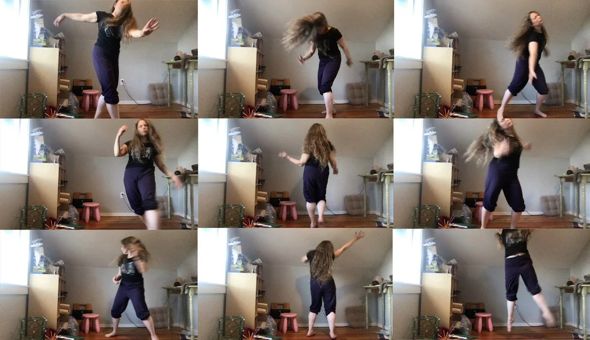 A collage of nine images showing a woman with long, curly hair dancing and moving energetically inside a room with a wooden floor and a beige wall, capturing various dance poses and motions.