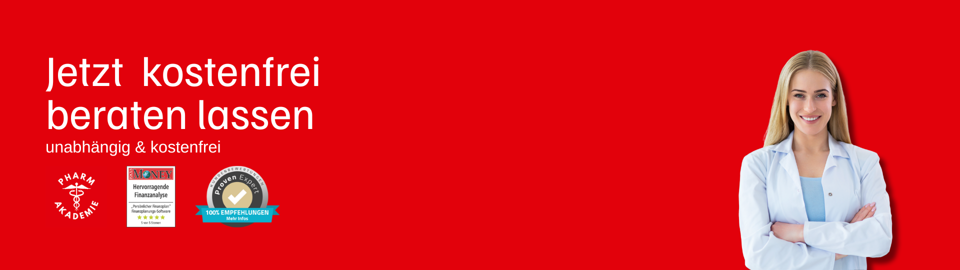 Eine Website-Werbebanner mit roten Hintergrund, darunter die Aufschrift 'Jetzt kostenfrei beraten lassen' und Symbole für Finanzen sowie ein lachender weiblicher Arzt in weißem Kittel auf der rechten Seite.
