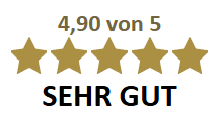 Fünf goldene Sterne mit Bewertung 4,90 von 5, darunter die Worte 'SEHR GUT'