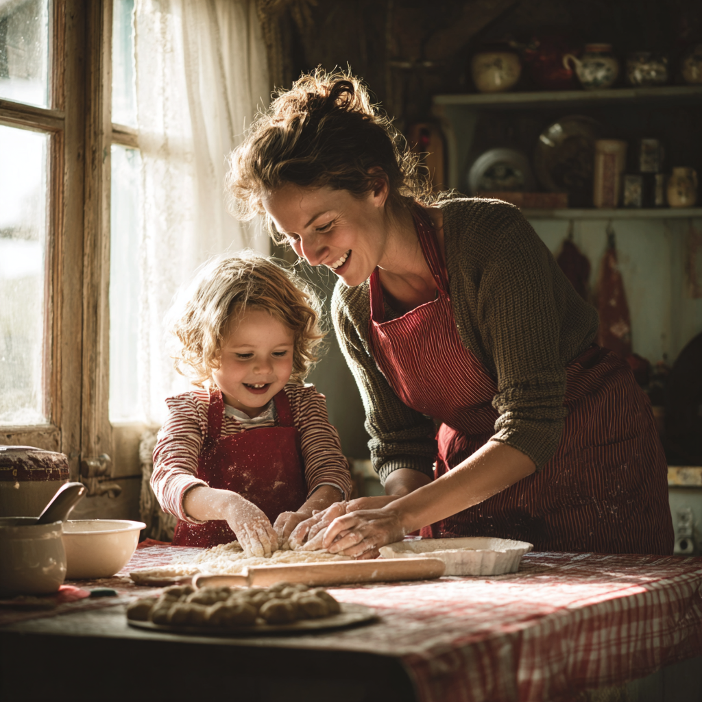 Eine Frau und ein Mädchen backen gemeinsam in der Küche, beide tragen Küchenutensilien und haben Spaß beim Teig ausrollen
