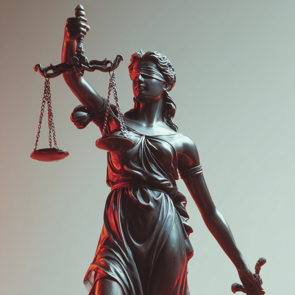 Statue der Justitia mit verbundenen Augen, Halsschwerter in der rechten Hand, Waage in der linken Hand.
