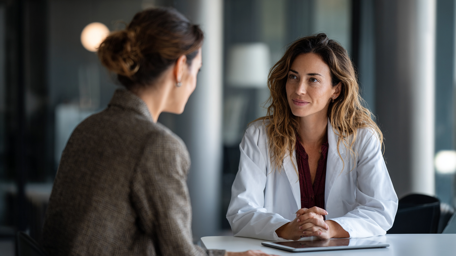 Zwei Frauen im Gespräch in einem modernen Büro, eine trägt einen weißen Arztkittel, die andere einen braunen Blazer.