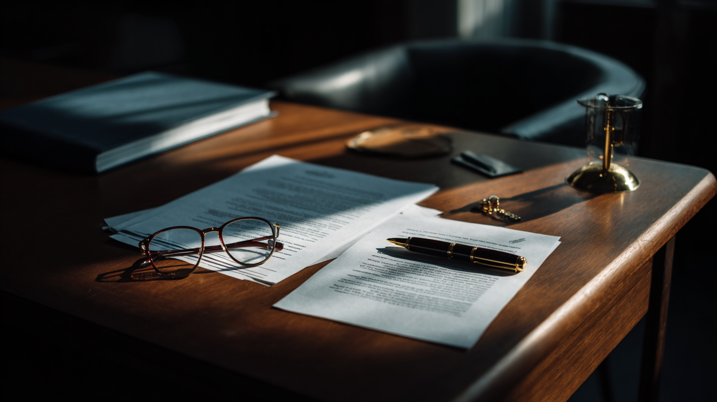 Ein dunkler Schreibtisch mit Akten, Stift, Brille, Schlüssel, Taschenrechner und einem Messbecher, beleuchtet von Sonnenlicht.