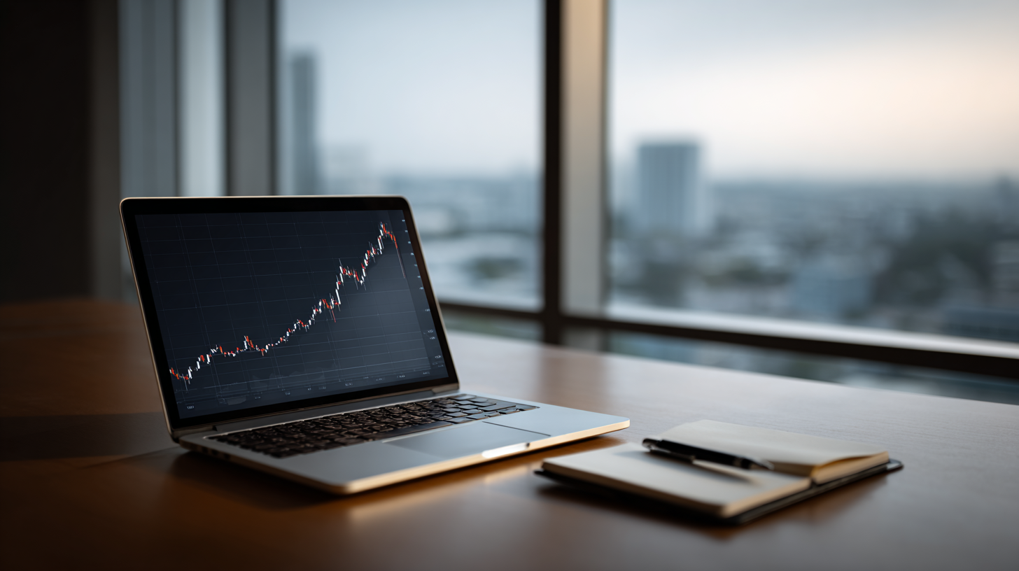 Laptop zeigt eine steigende Aktienkurve auf einem Schreibtisch im Büro mit Notizbuch und Stift nebenan, Blick aus dem Fenster auf eine Stadt