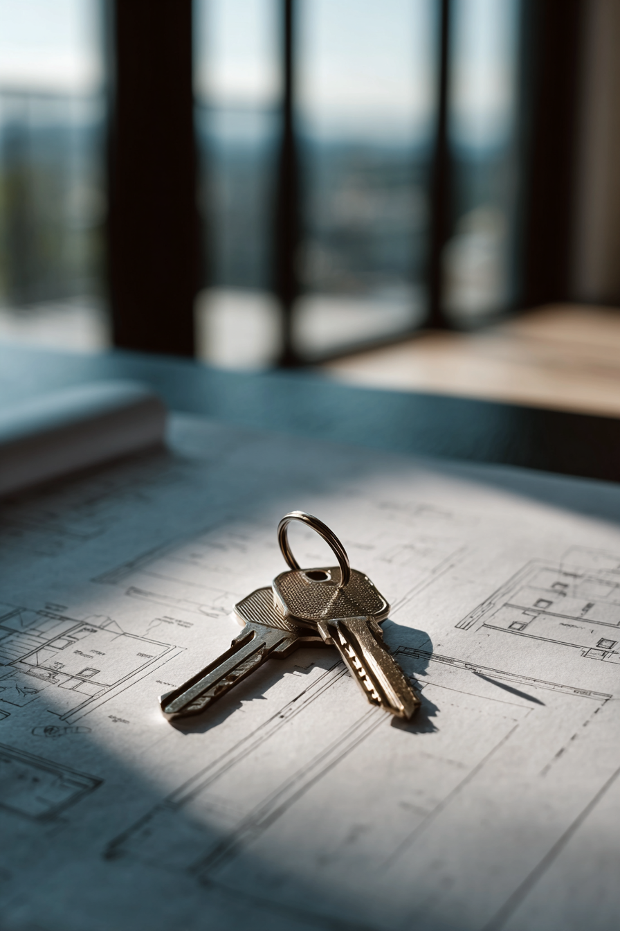 Schlüssel liegen auf einem Bauplan in der Sonne, im Hintergrund ein Fenster mit Gitterstäben.