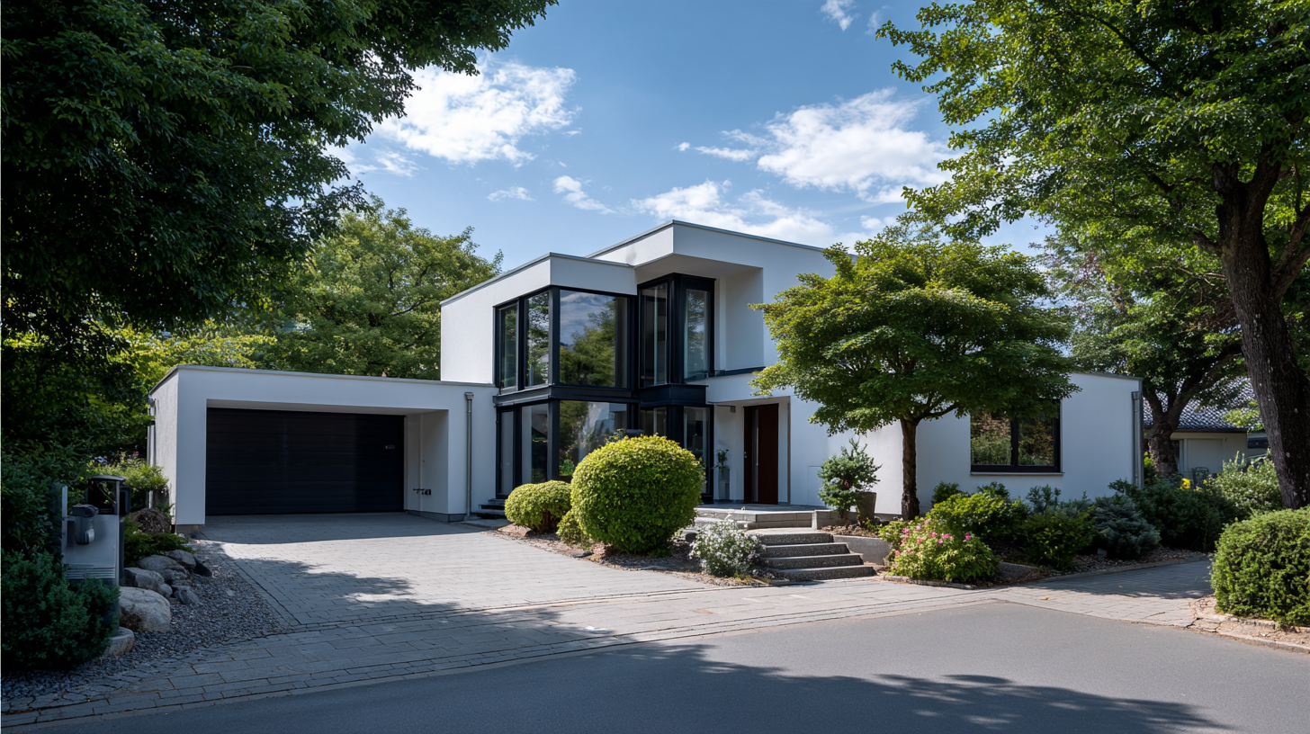 Modernes, weißes Haus mit schwarzen Fensterrahmen, umgeben von Bäumen und Buschwerk, mit Zufahrt zur Garage auf der linken Seite.