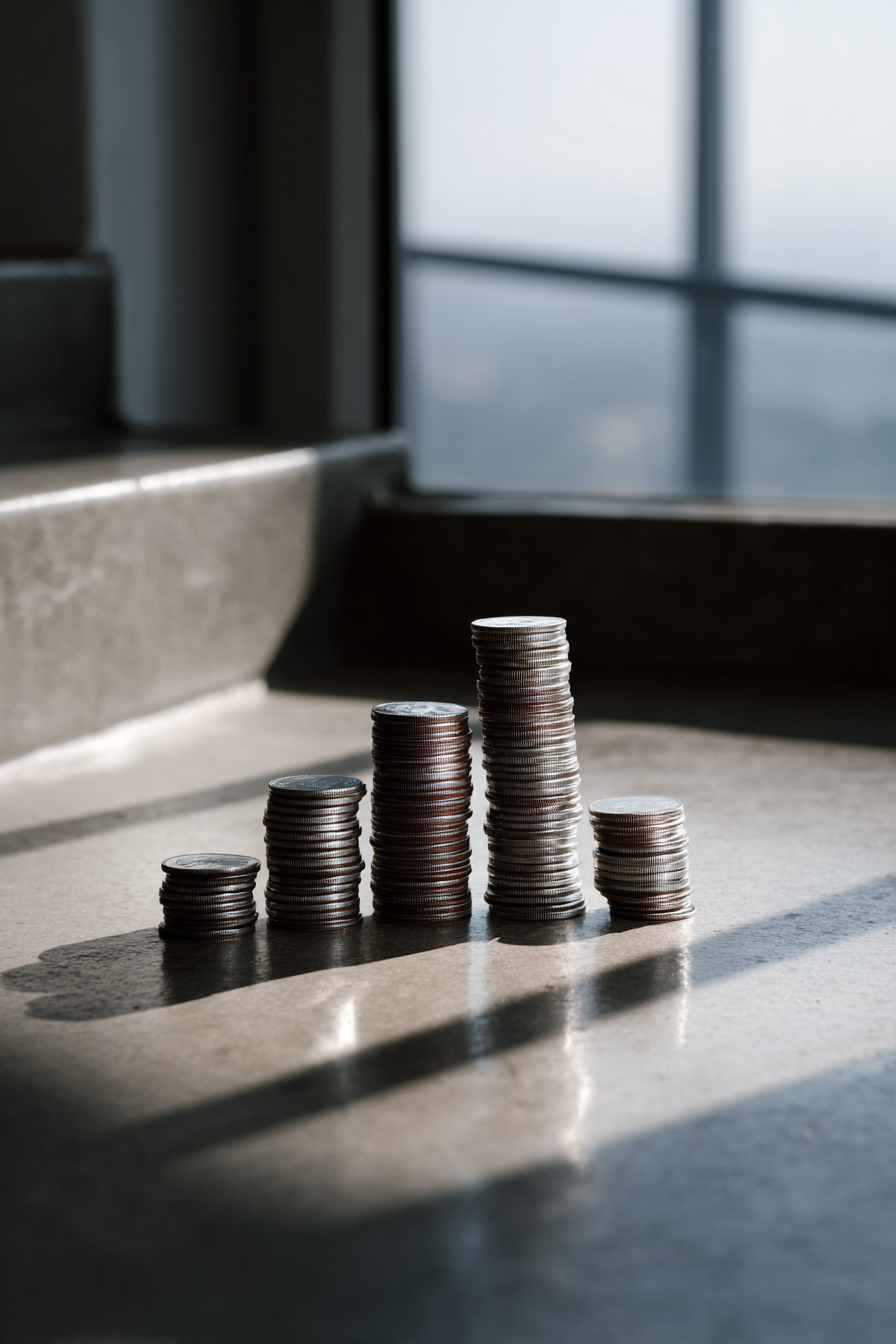 Mehrere gestapelte Münzstapel in unterschiedlichen Höhen, mit Schatten und Hintergrund eines Fensters bei Tageslicht.