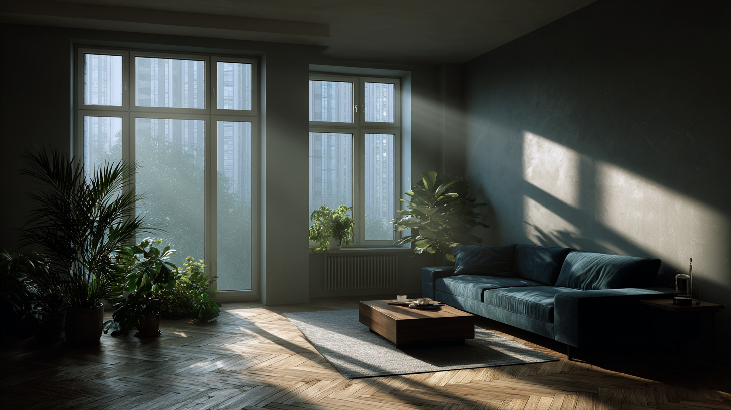 Wohnzimmer mit dunklem Sofa, Holztisch, Pflanzen, großen Fenstern und Sonnenstrahlen, die Schatten an die Wand werfen.