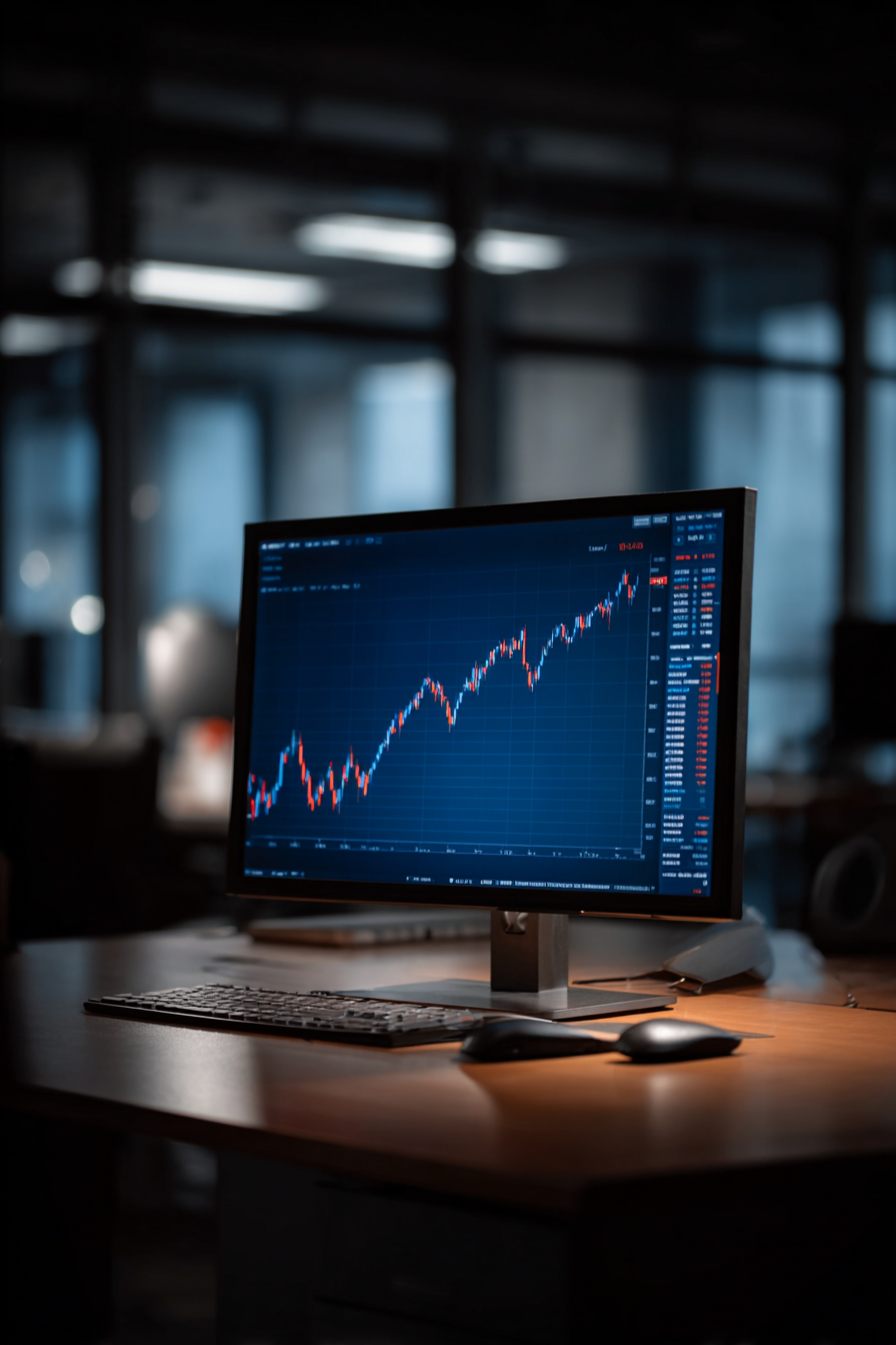 Ein Computerbildschirm zeigt ein aufsteigendes Aktienchart in einem dunklen Büro.