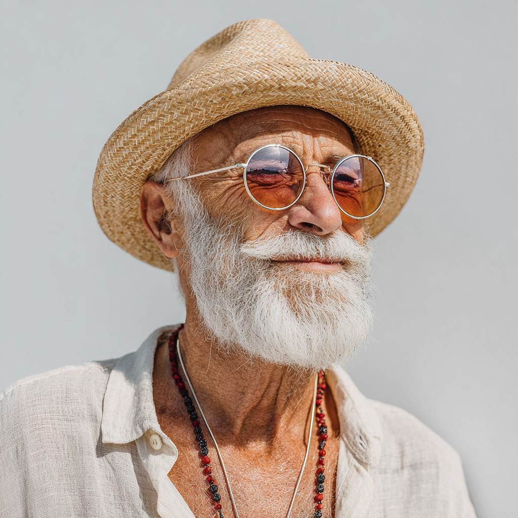 Ein älterer Mann mit weißem Bart trägt eine Strohhut und runde, braune Sonnenbrillen. Er trägt ein helles Hemd und hat mehrfarbige Halsketten um den Hals.