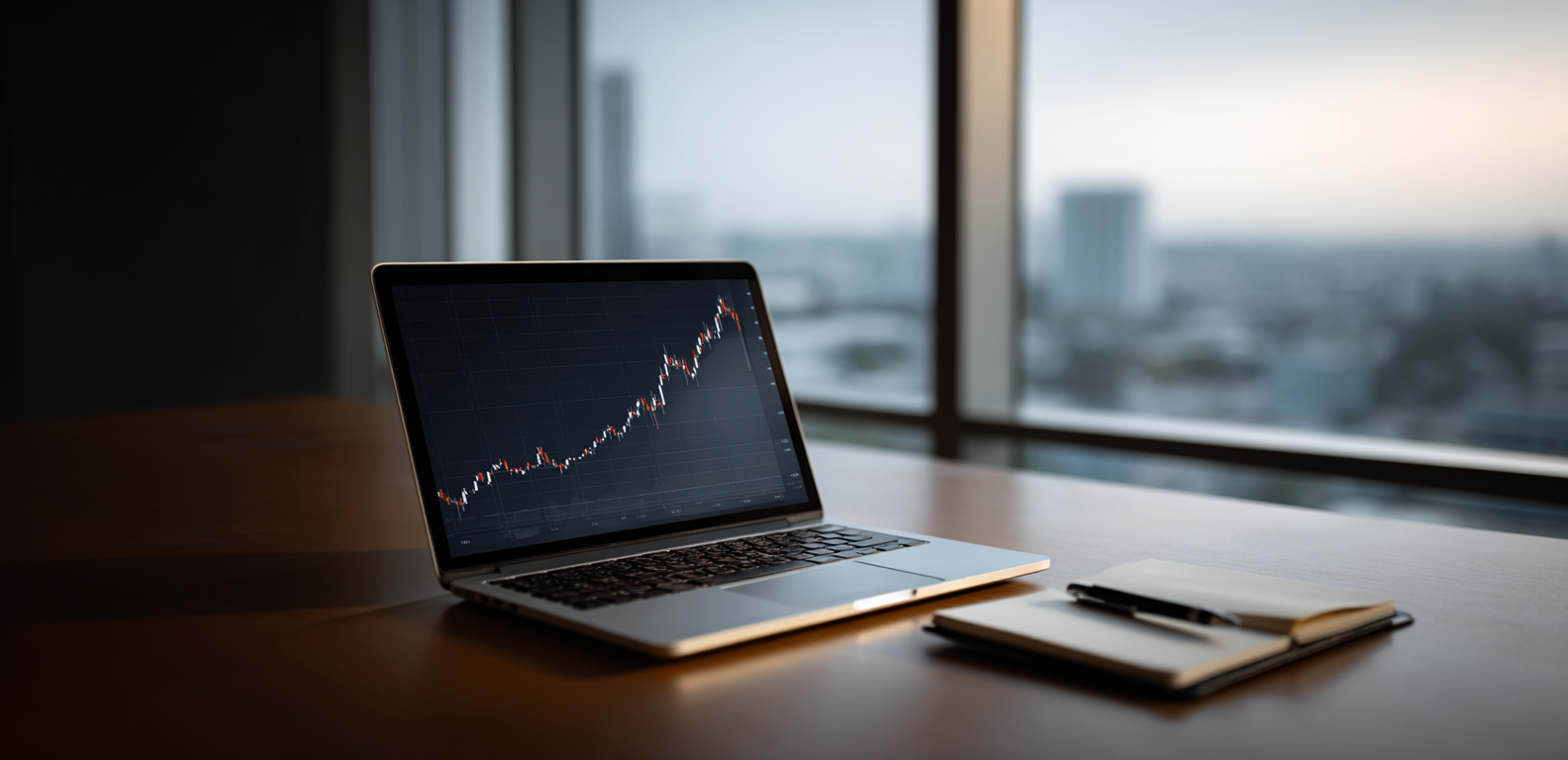 Laptop mit Chart auf dem Bildschirm auf einem Schreibtisch bei Sonnenuntergang, daneben ein Notizbuch und Stift, vor einem Fenster mit Stadtblick.