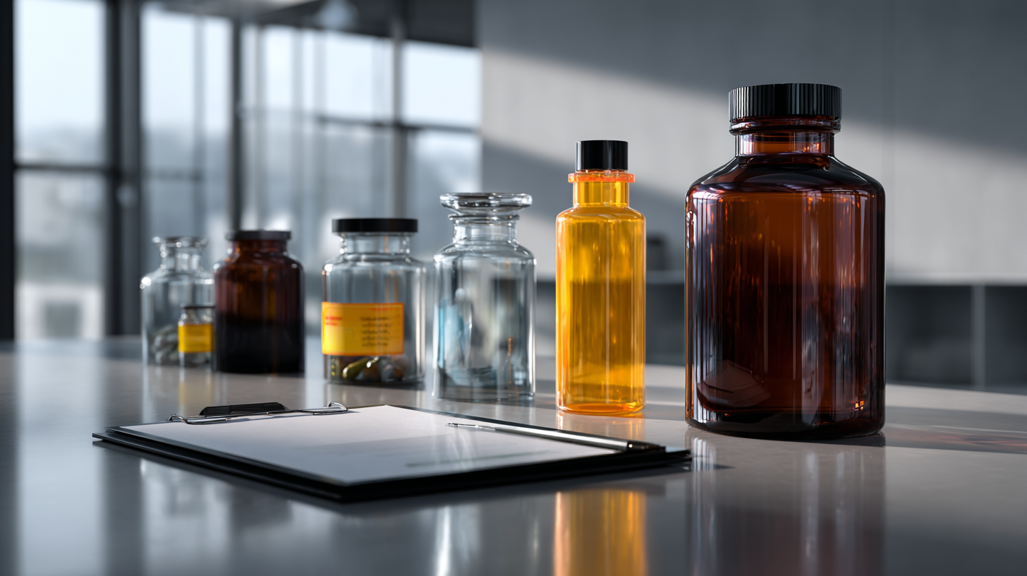 Verschiedene Medikamente in Glasflaschen auf einem Tisch in einem modernen Raum.