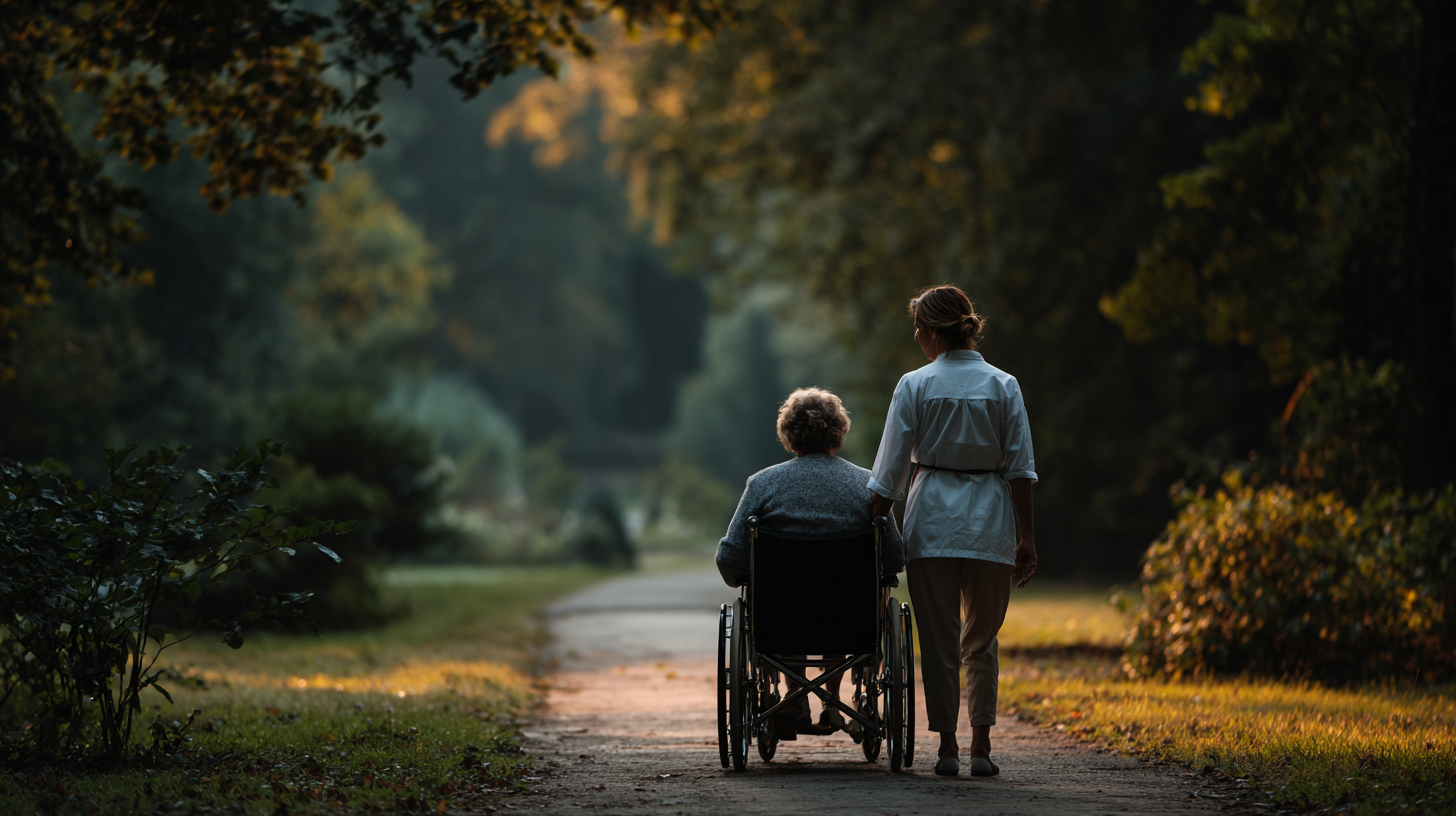 Eine ältere Frau im Rollstuhl wird von einer jüngeren Frau auf einem Weg im Park begleitet, bei Sonnenuntergang, umgeben von Bäumen und Natur.