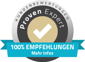 Abzeichen mit der Aufschrift "Verifizierter Experte" und "100% Empfehlungen" in Blau, Schwarz, Weiß und Gold.