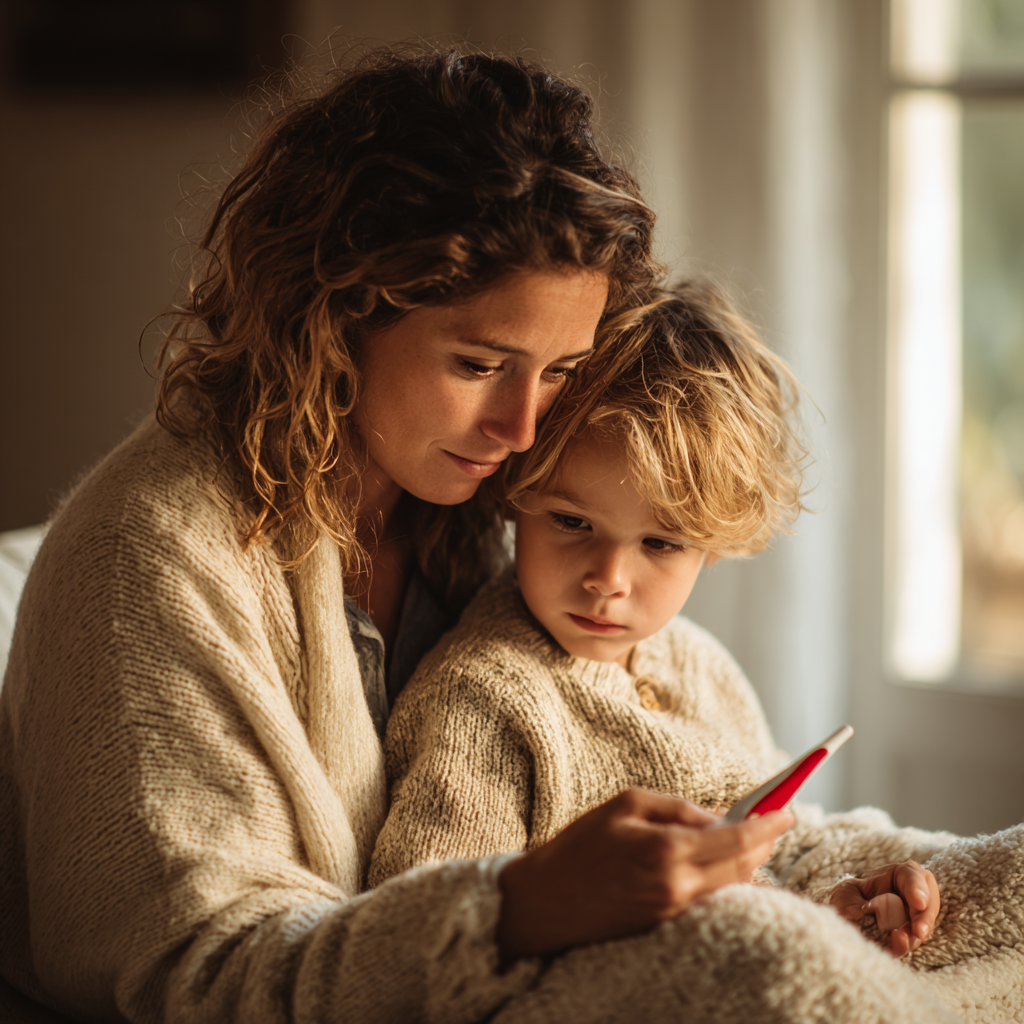 Eine Mutter und ihr Kind sitzen auf einem Sofa, schauen gemeinsam auf ein Smartphone, in einem hell erleuchteten Raum.